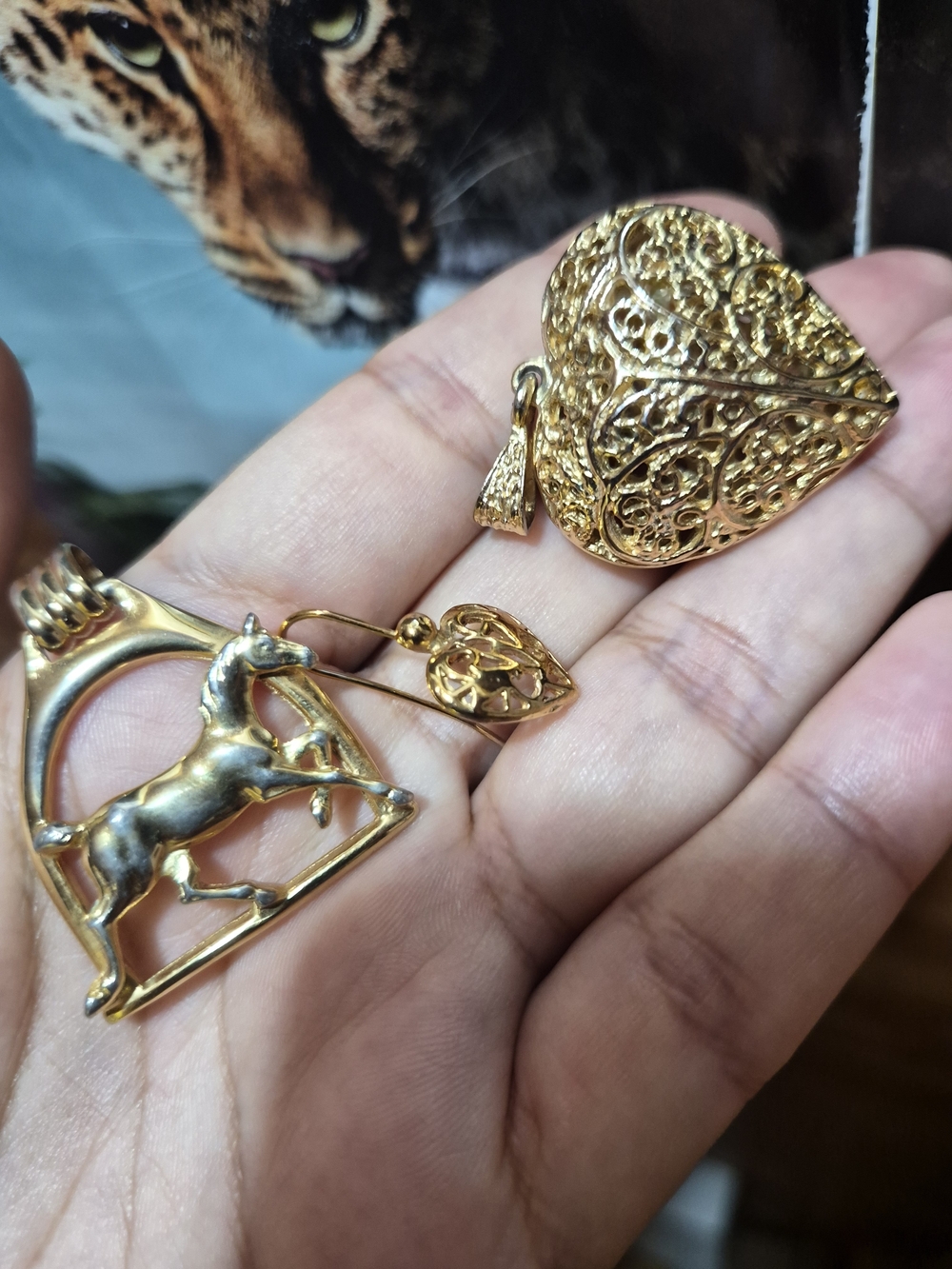 Vintage Gold-Tone Filigree Heart and Horse Pendants